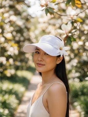 White Hawaiian visor with Tiare flower made in Hawaii.